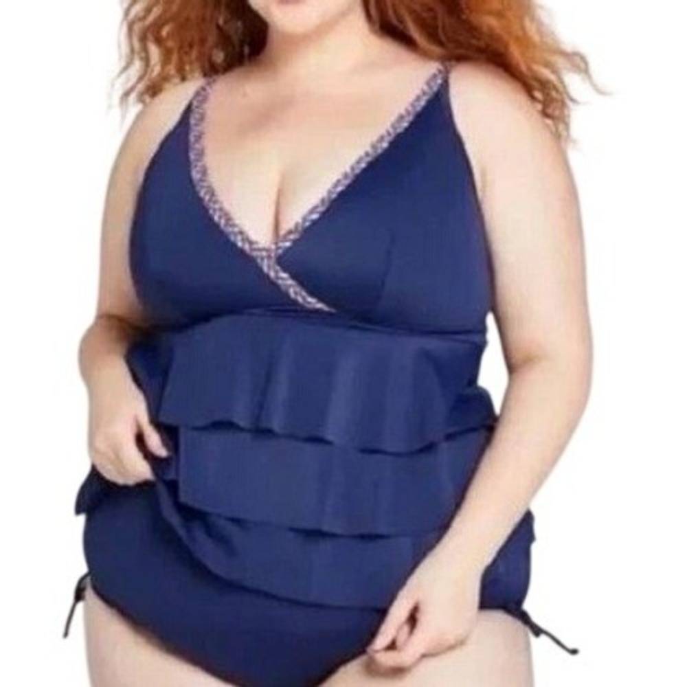 Cacique Swim Tankini‎ Top Women 14 Navy Blue Tiered Ruffle Braided Trim